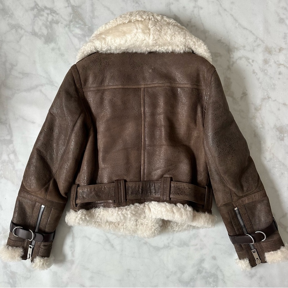 Brown Shearling-Lined Aviator Jacket with Cream Collar - Picture 6 of 13